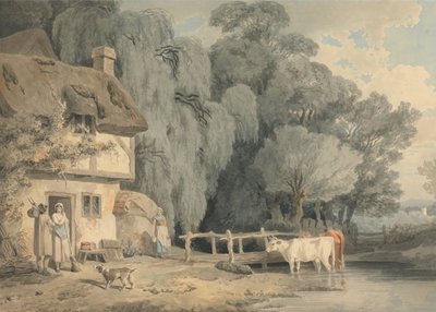 Scena di campagna - Figure vicino a una porta di cottage e bestiame in un ruscello da Francis Wheatley
